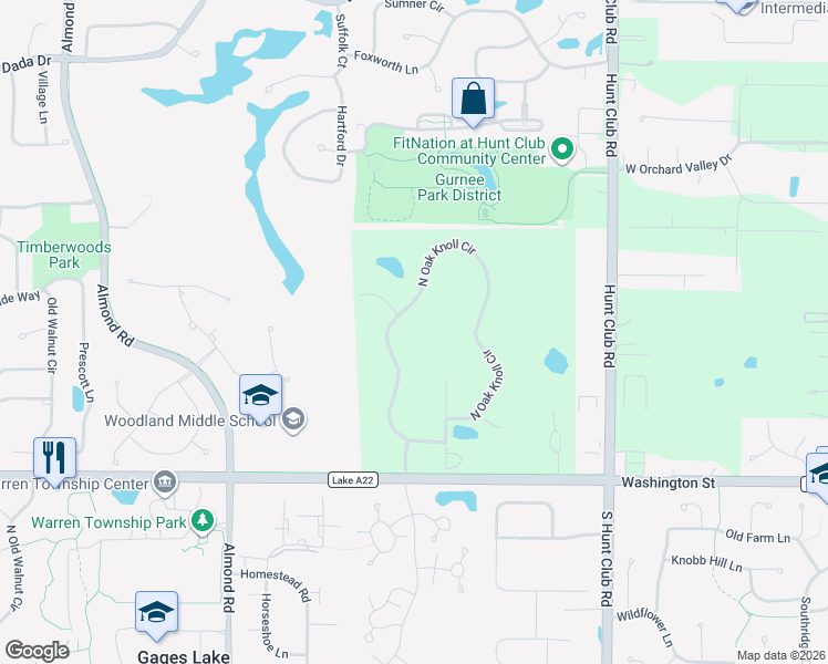 map of restaurants, bars, coffee shops, grocery stores, and more near 34720 Red Oak Drive in Gurnee