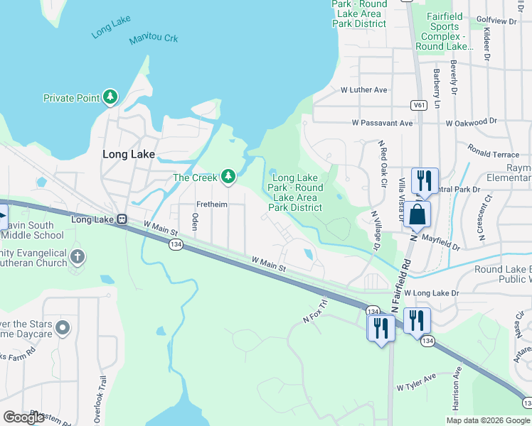 map of restaurants, bars, coffee shops, grocery stores, and more near 1524 West Sand Bar Court in Round Lake Beach