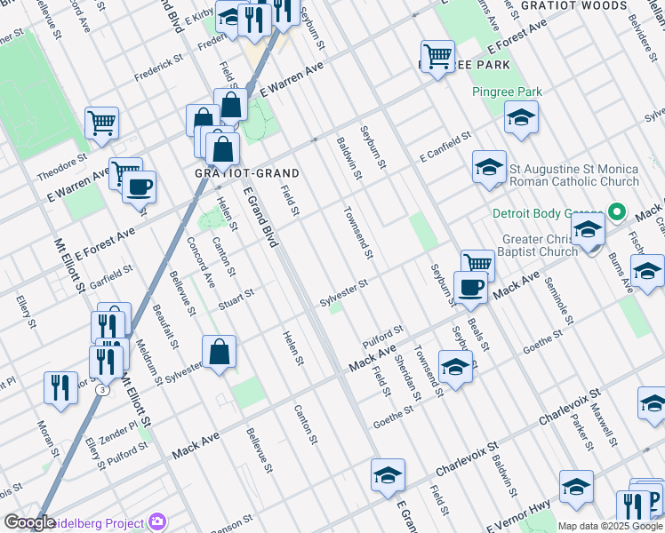 map of restaurants, bars, coffee shops, grocery stores, and more near 3968 Field Street in Detroit