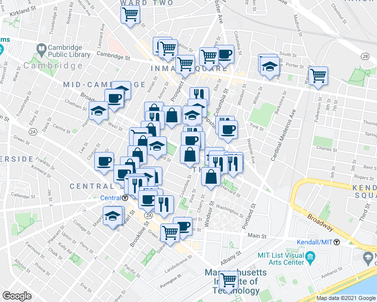 map of restaurants, bars, coffee shops, grocery stores, and more near Broadway & Elm St in Cambridge