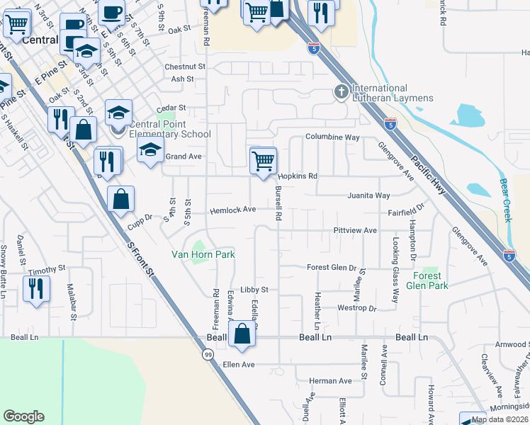 map of restaurants, bars, coffee shops, grocery stores, and more near 913 Pittview Court in Central Point