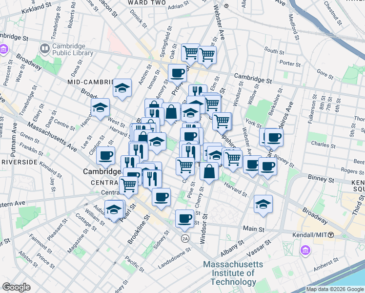 map of restaurants, bars, coffee shops, grocery stores, and more near 10 Elm Street in Cambridge