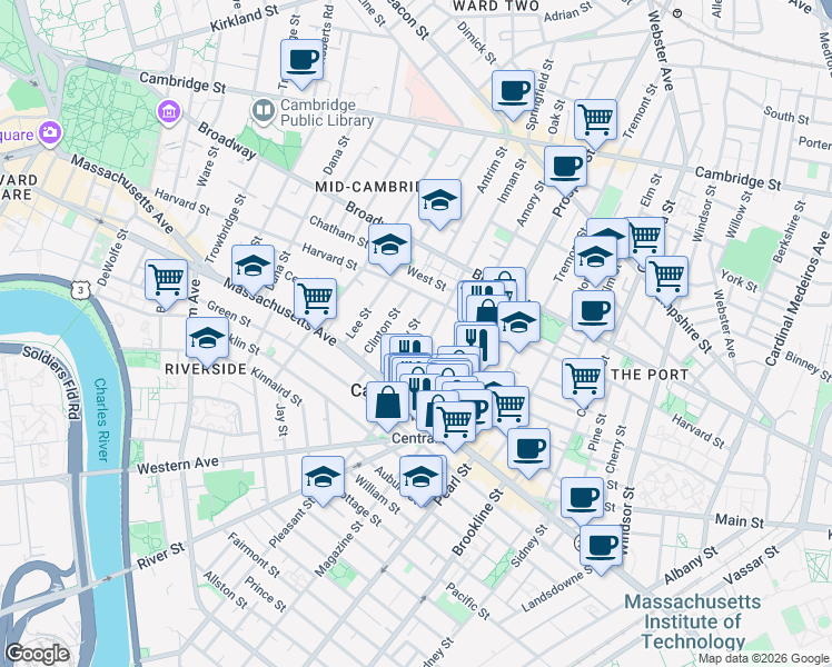 map of restaurants, bars, coffee shops, grocery stores, and more near 151 Bishop Allen Drive in Cambridge
