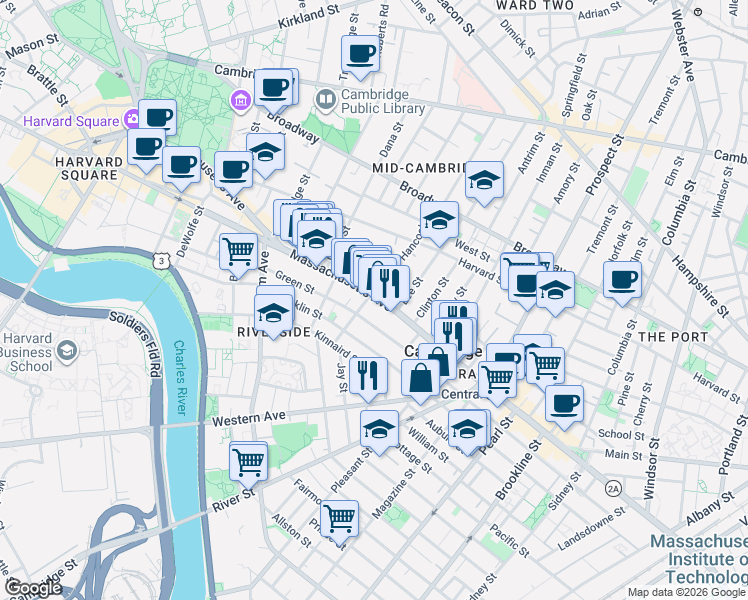 map of restaurants, bars, coffee shops, grocery stores, and more near 512 Green Street in Cambridge