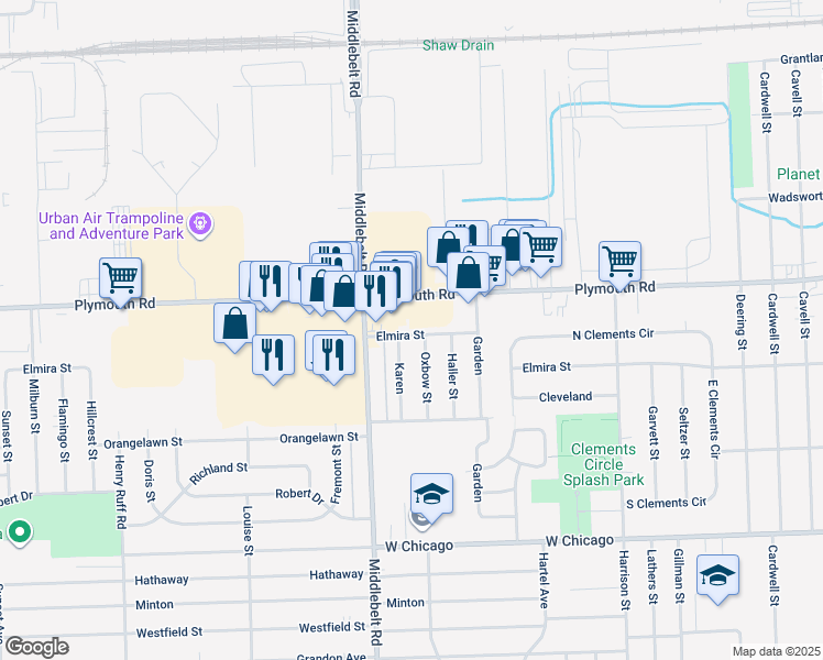 map of restaurants, bars, coffee shops, grocery stores, and more near 29228 Elmira in Livonia