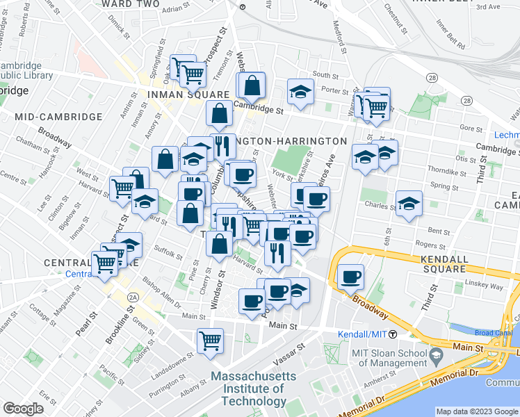 map of restaurants, bars, coffee shops, grocery stores, and more near 86 Bristol Street in Cambridge