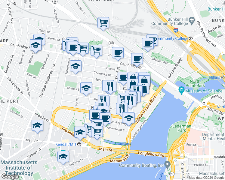 map of restaurants, bars, coffee shops, grocery stores, and more near 91 Charles Street in Cambridge