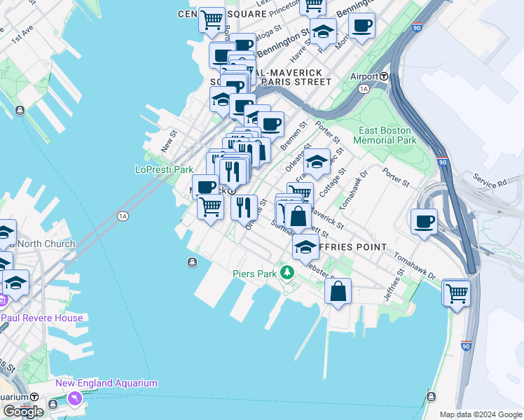 map of restaurants, bars, coffee shops, grocery stores, and more near 260 Sumner Street in Boston