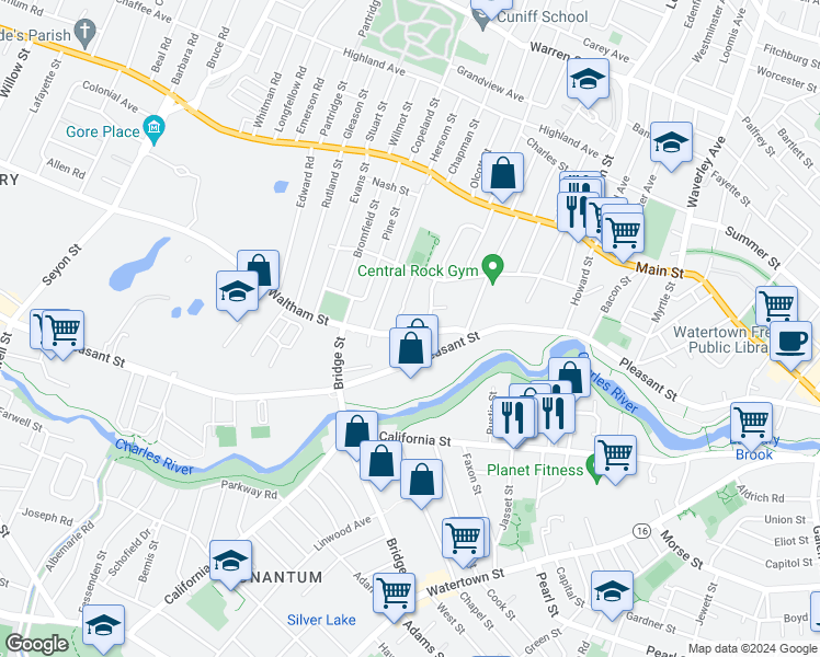 map of restaurants, bars, coffee shops, grocery stores, and more near 47 Waltham Street in Watertown