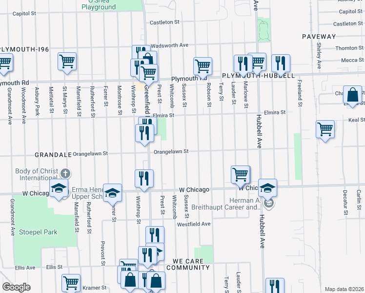 map of restaurants, bars, coffee shops, grocery stores, and more near 9643 Sussex Street in Detroit