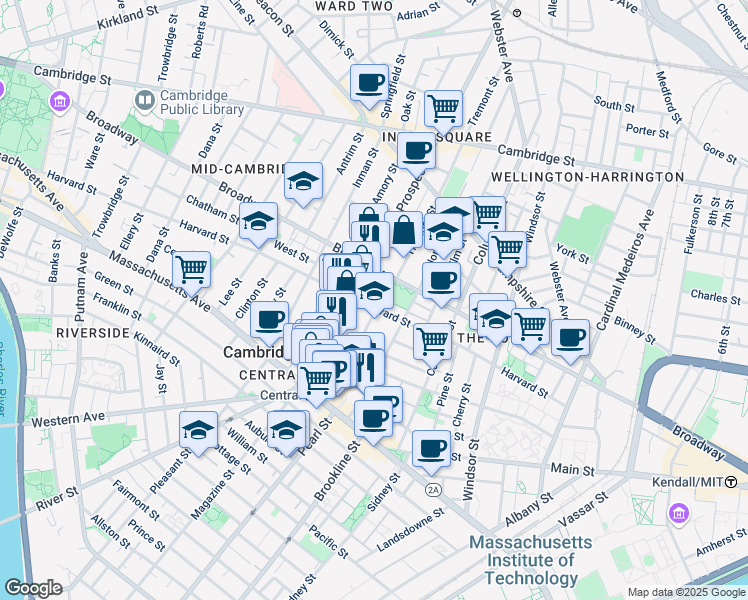 map of restaurants, bars, coffee shops, grocery stores, and more near 55 Essex Street in Cambridge