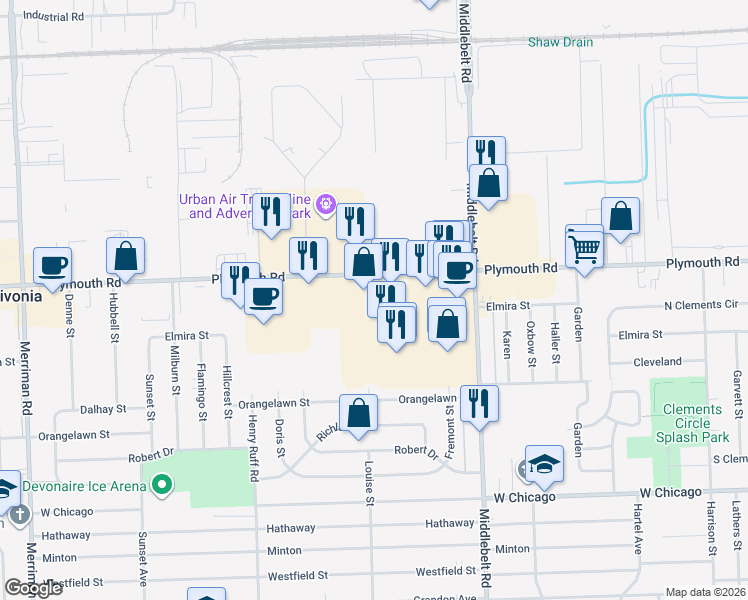 map of restaurants, bars, coffee shops, grocery stores, and more near 29635 Plymouth Road in Livonia