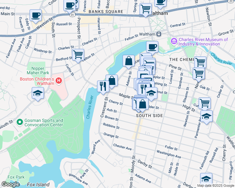 map of restaurants, bars, coffee shops, grocery stores, and more near 107 Adams Street in Waltham