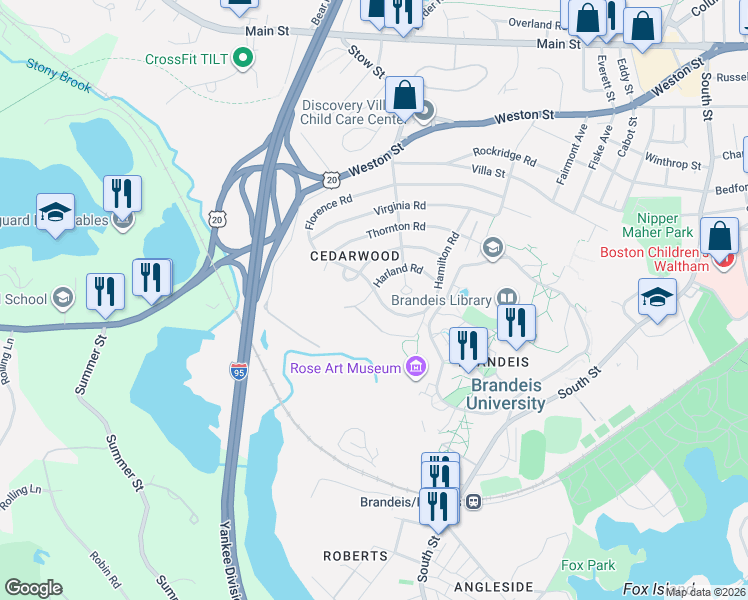 map of restaurants, bars, coffee shops, grocery stores, and more near 293 Florence Road in Waltham