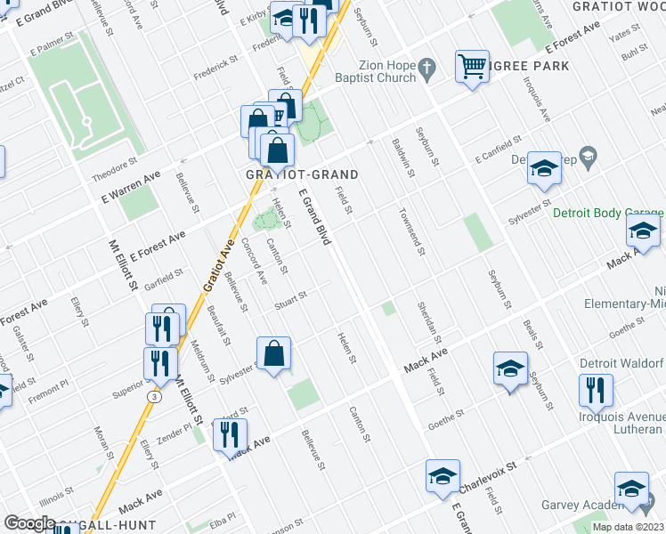 map of restaurants, bars, coffee shops, grocery stores, and more near 951 East Grand Boulevard in Detroit