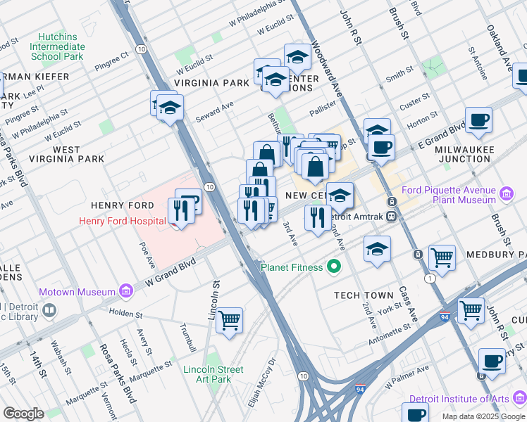 map of restaurants, bars, coffee shops, grocery stores, and more near 7373 3rd Avenue in Detroit
