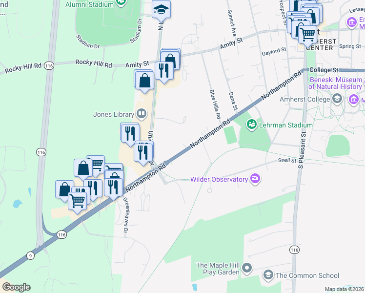 map of restaurants, bars, coffee shops, grocery stores, and more near 271 Northampton Road in Amherst