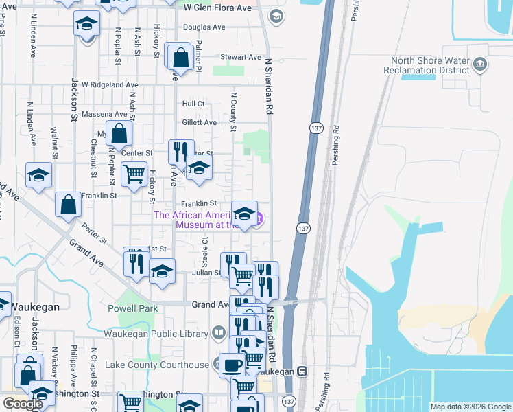map of restaurants, bars, coffee shops, grocery stores, and more near 613 North Genesee Street in Waukegan