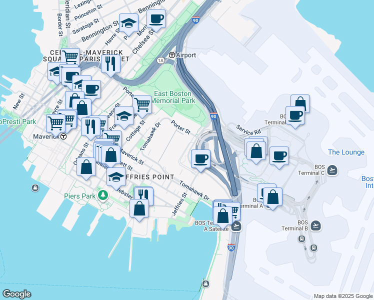 map of restaurants, bars, coffee shops, grocery stores, and more near 15 Transportation Way in Boston