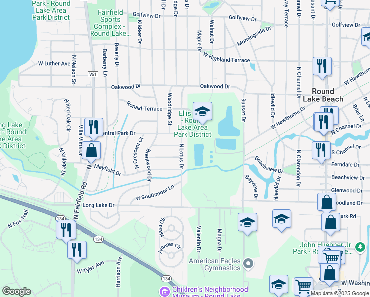 map of restaurants, bars, coffee shops, grocery stores, and more near 1116 North Lotus Drive in Round Lake Beach