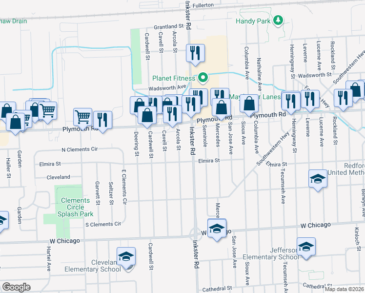 map of restaurants, bars, coffee shops, grocery stores, and more near 11414 Arcola Street in Livonia
