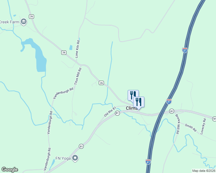 map of restaurants, bars, coffee shops, grocery stores, and more near County Route 26 in West Coxsackie