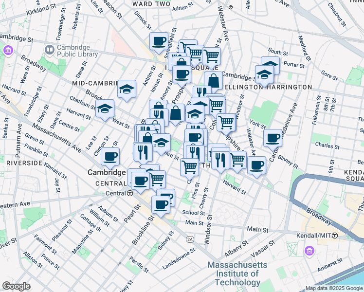 map of restaurants, bars, coffee shops, grocery stores, and more near 198-200 Norfolk Street in Cambridge