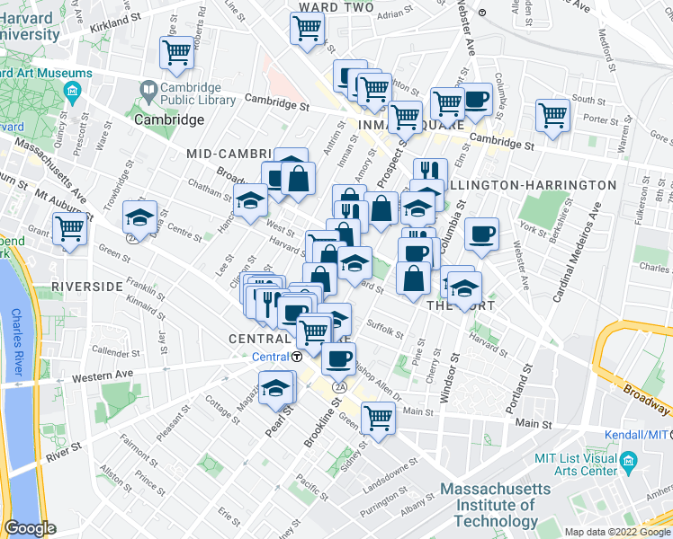 map of restaurants, bars, coffee shops, grocery stores, and more near Prospect St & Harvard St in Cambridge