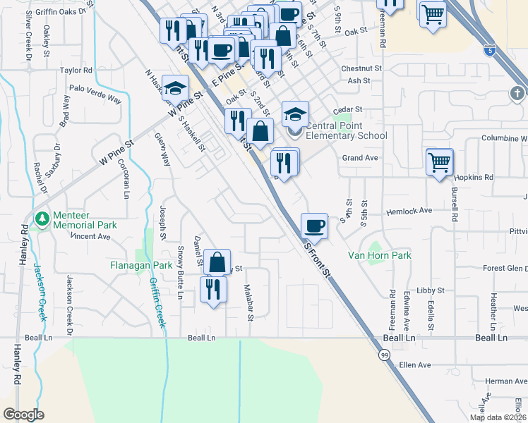 map of restaurants, bars, coffee shops, grocery stores, and more near 449 South Haskell Street in Central Point