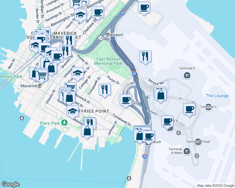 map of restaurants, bars, coffee shops, grocery stores, and more near 20 Tomahawk Dr in Tewksbury