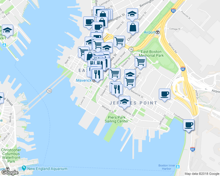 map of restaurants, bars, coffee shops, grocery stores, and more near 89 Orleans Street in Boston