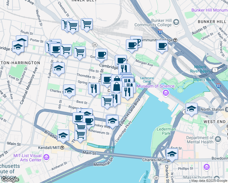 map of restaurants, bars, coffee shops, grocery stores, and more near 30 Spring Street in Cambridge