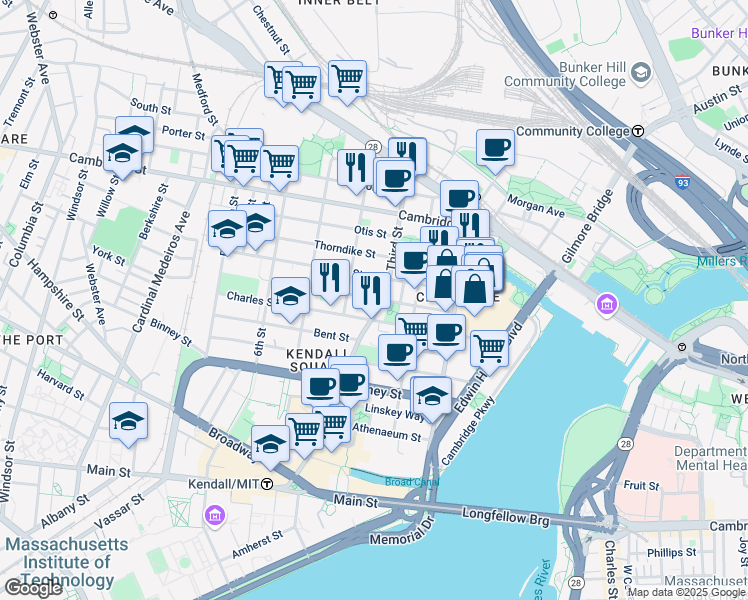 map of restaurants, bars, coffee shops, grocery stores, and more near 54 Spring Street in Cambridge