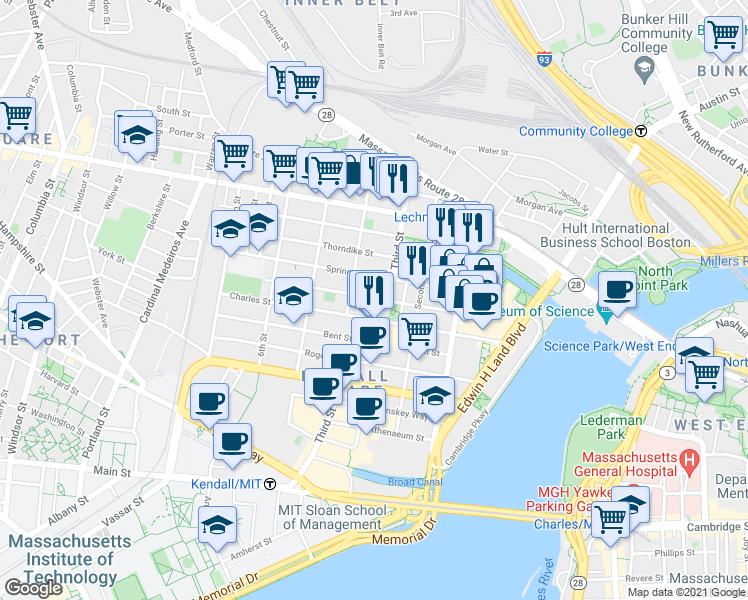 map of restaurants, bars, coffee shops, grocery stores, and more near 54 Spring Street in Cambridge