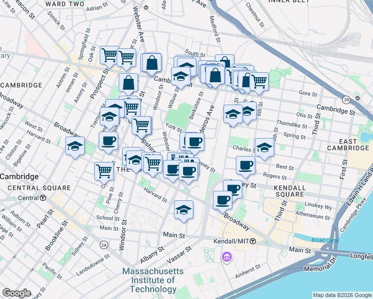 map of restaurants, bars, coffee shops, grocery stores, and more near 14 Vandine Street in Cambridge