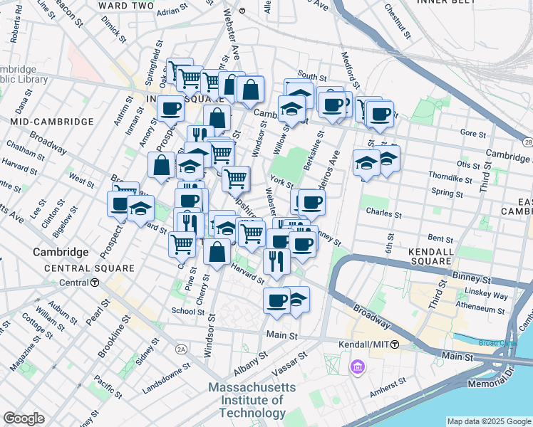map of restaurants, bars, coffee shops, grocery stores, and more near in Cambridge