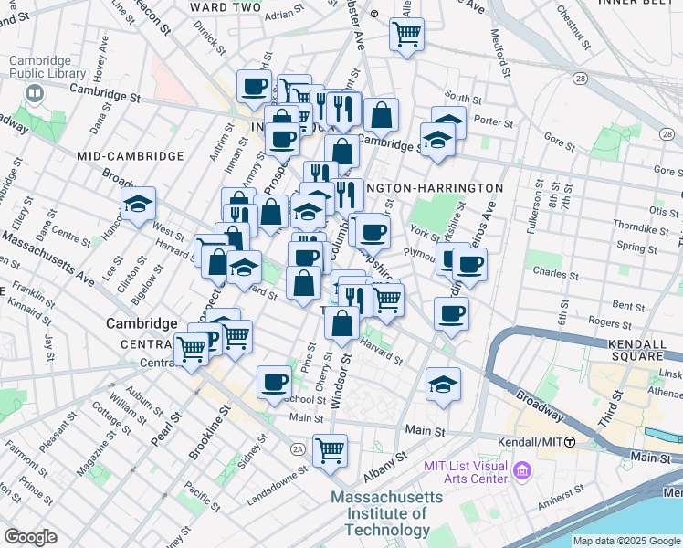 map of restaurants, bars, coffee shops, grocery stores, and more near 235 Columbia Street in Cambridge