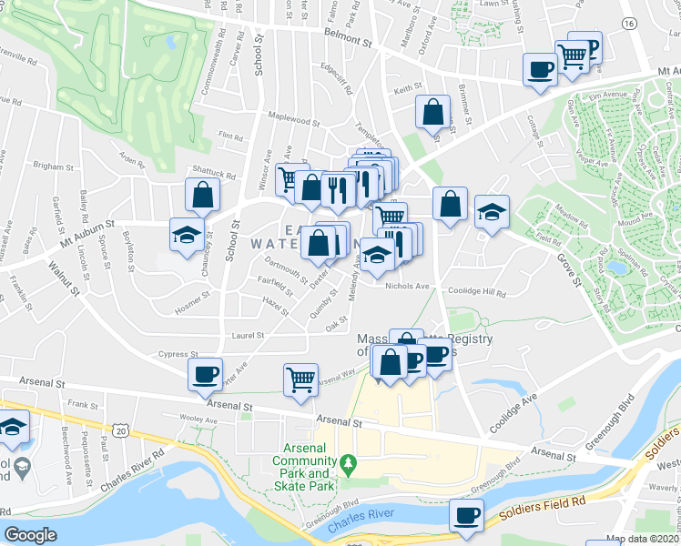 map of restaurants, bars, coffee shops, grocery stores, and more near 92 Nichols Avenue in Watertown