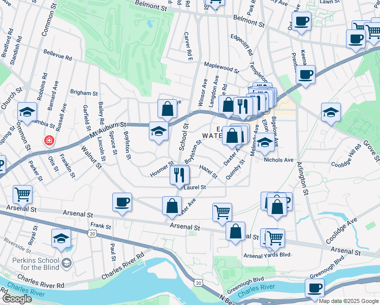 map of restaurants, bars, coffee shops, grocery stores, and more near 210 Boylston Street in Watertown