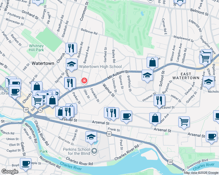 map of restaurants, bars, coffee shops, grocery stores, and more near 253 Massachusetts 16 in Watertown