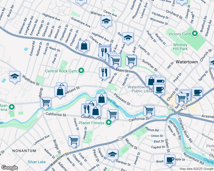 map of restaurants, bars, coffee shops, grocery stores, and more near 35 Bacon Street in Watertown