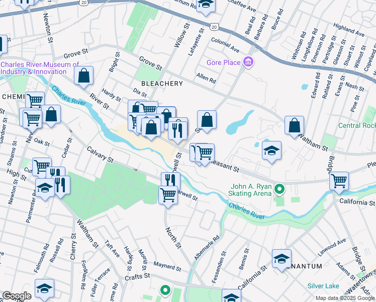 map of restaurants, bars, coffee shops, grocery stores, and more near 66 Seyon Street in Waltham
