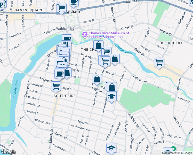 map of restaurants, bars, coffee shops, grocery stores, and more near 106 Cushing Street in Waltham