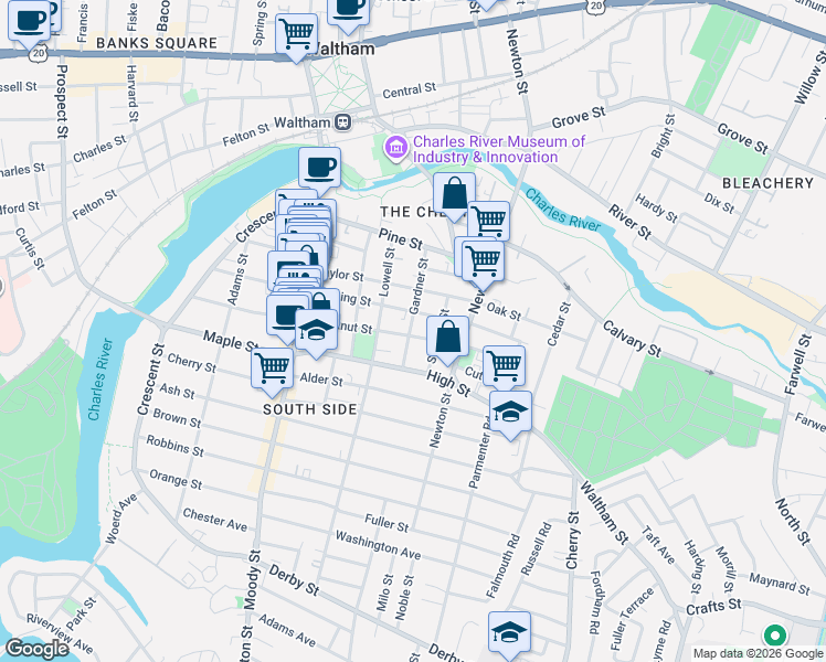 map of restaurants, bars, coffee shops, grocery stores, and more near 76 Cushing Street in Waltham