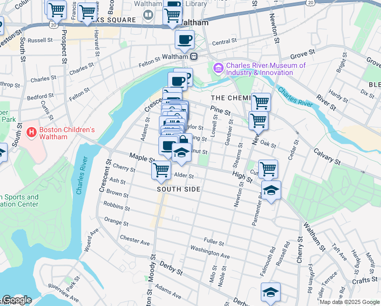 map of restaurants, bars, coffee shops, grocery stores, and more near 376 Moody Street in Waltham