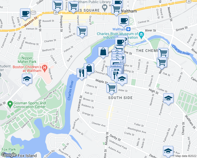 map of restaurants, bars, coffee shops, grocery stores, and more near 15 Chestnut Street in Waltham