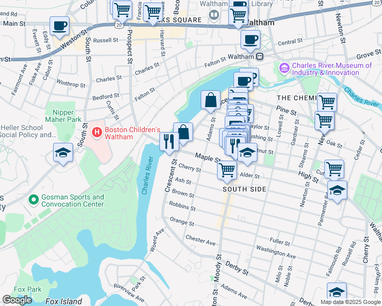 map of restaurants, bars, coffee shops, grocery stores, and more near 15 Chestnut Street in Waltham