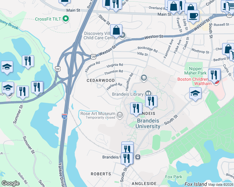 map of restaurants, bars, coffee shops, grocery stores, and more near 60 Harland Road in Waltham