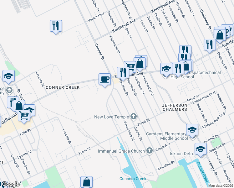 map of restaurants, bars, coffee shops, grocery stores, and more near 989 Navahoe Street in Detroit
