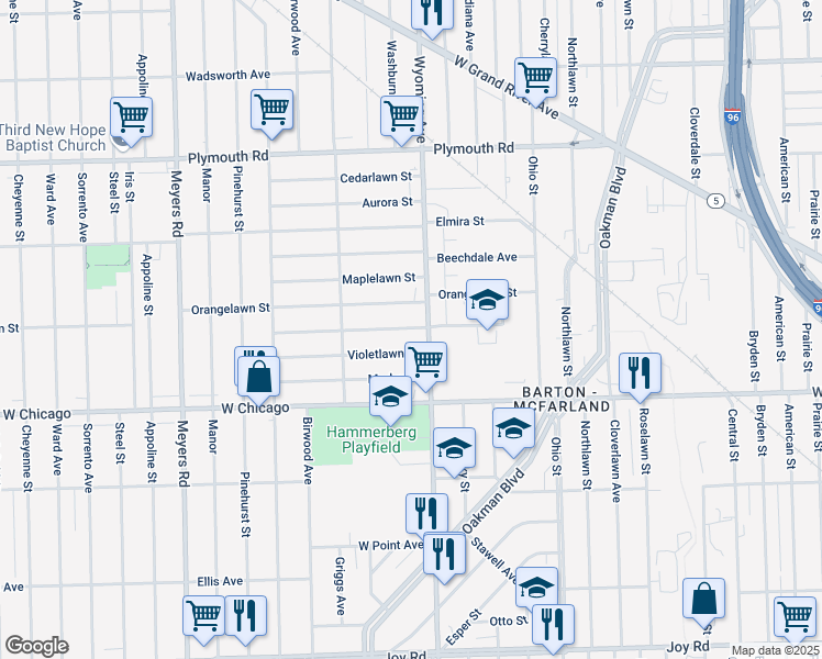 map of restaurants, bars, coffee shops, grocery stores, and more near 9833 Wyoming Avenue in Detroit